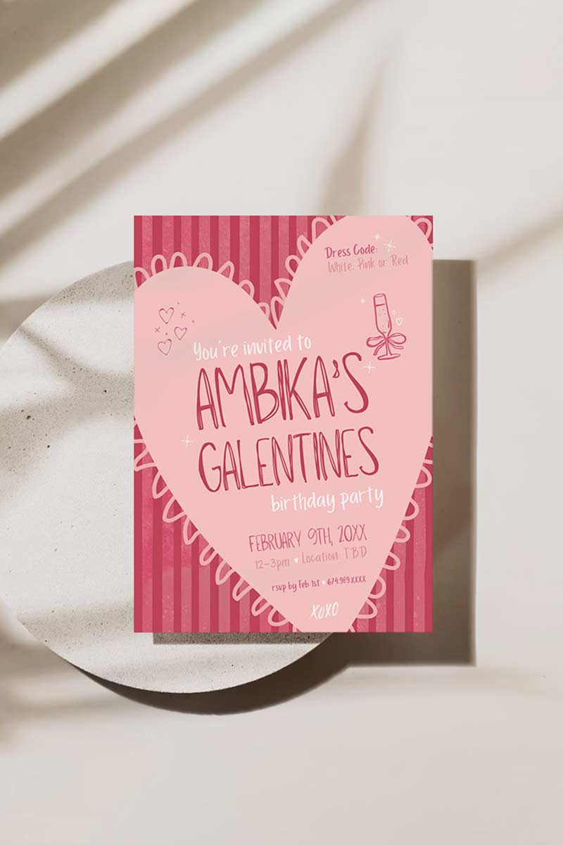 Pink/Mauve Heart Invite. Celebrations events for Galentines, Valentines, Girls Night, Stag or Bridal Shower. Signage. Pretty in Red. Digital Invite. Personalize and customize in Canva. Digital Download. Print around the world at a local print shop.
