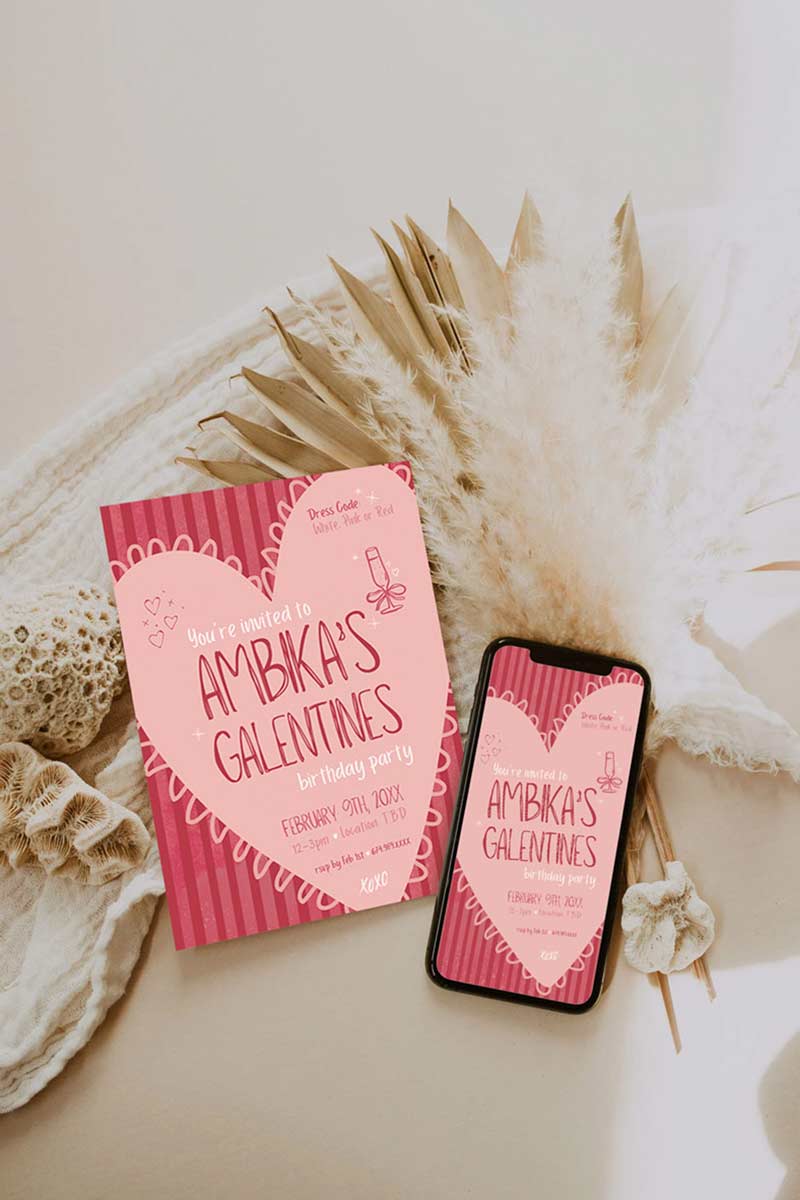 Pink/Mauve Heart Invite. Celebrations events for Galentines, Valentines, Girls Night, Stag or Bridal Shower. Signage. Pretty in Red. Digital Invite. Personalize and customize in Canva. Digital Download. Print around the world at a local print shop.