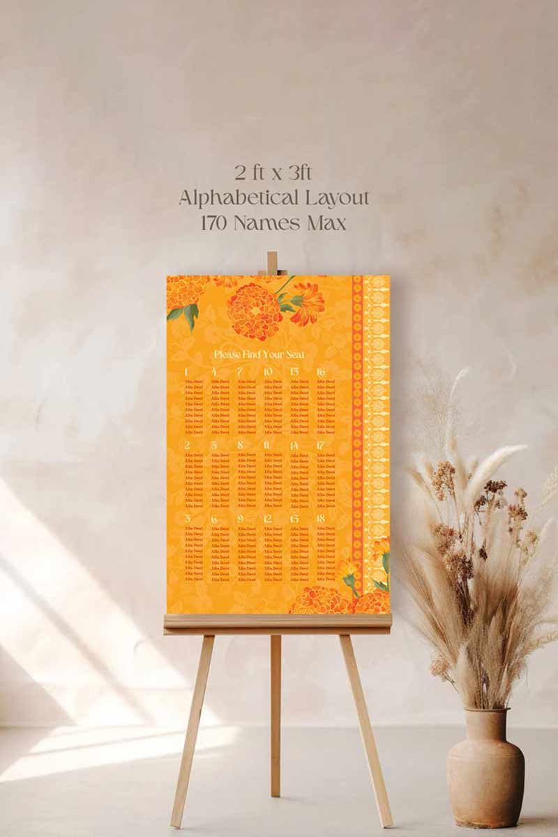 Wedding Seating Chart with yellow & orange marigold florals. Indian Wedding events for Sangeet, Haldi, Maiyan or Jago. Find your seat. Wedding Signage. Personalize and customize in Canva. Digital Download. Print around the world at a local print shop.