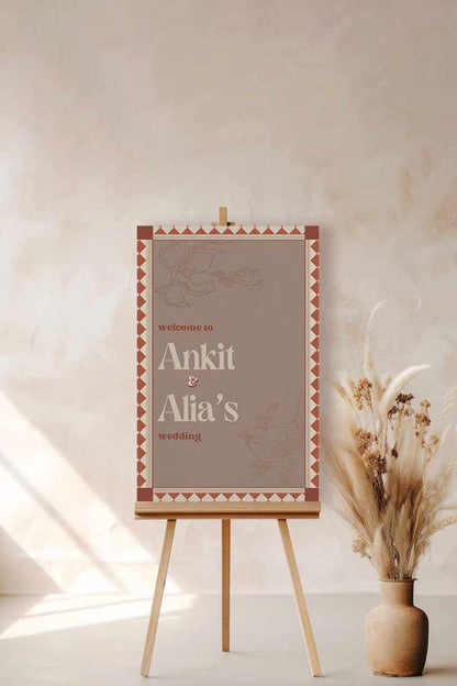 Wedding Invitations. Retro Welcome Sign. Indian Wedding Invites. Invitation set. Wedding and Event Welcome Sign. Brown, beige and burnt orange colours. Orange florals. Birthday and Celebration. Wedding Ceremony. Engagement Sign. Wedding Stationery. DIY Stationery. Digital Download. Canva. Indian Weddings. Anand Karaj. Sangeet. Chunni. Personalize. Customize.