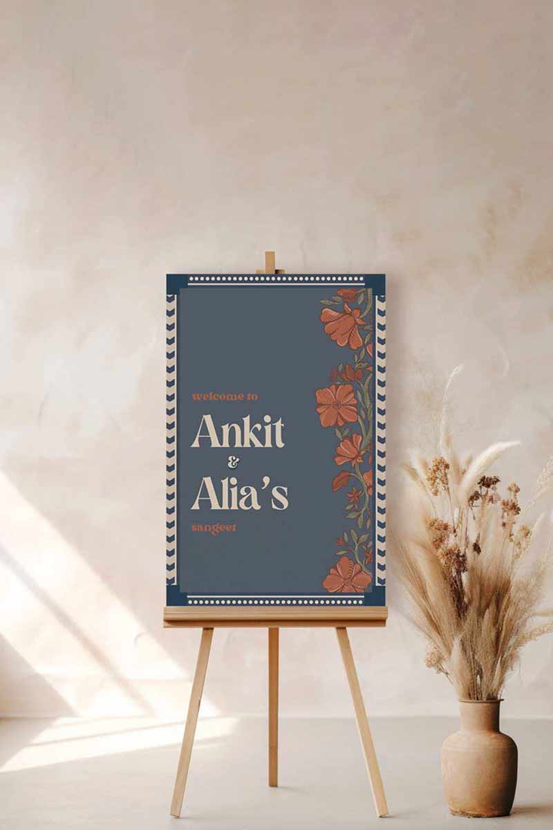 Wedding Invitations. Retro Welcome Sign. Indian Wedding Invites. Invitation set. Wedding and Event Welcome Sign. Blue and rust orange colours. Orange florals. Birthday and Celebration. Wedding Ceremony. Engagement Sign. Wedding Stationery. DIY Stationery. Digital Download. Canva. Indian Weddings. Anand Karaj. Sangeet. Chunni. 