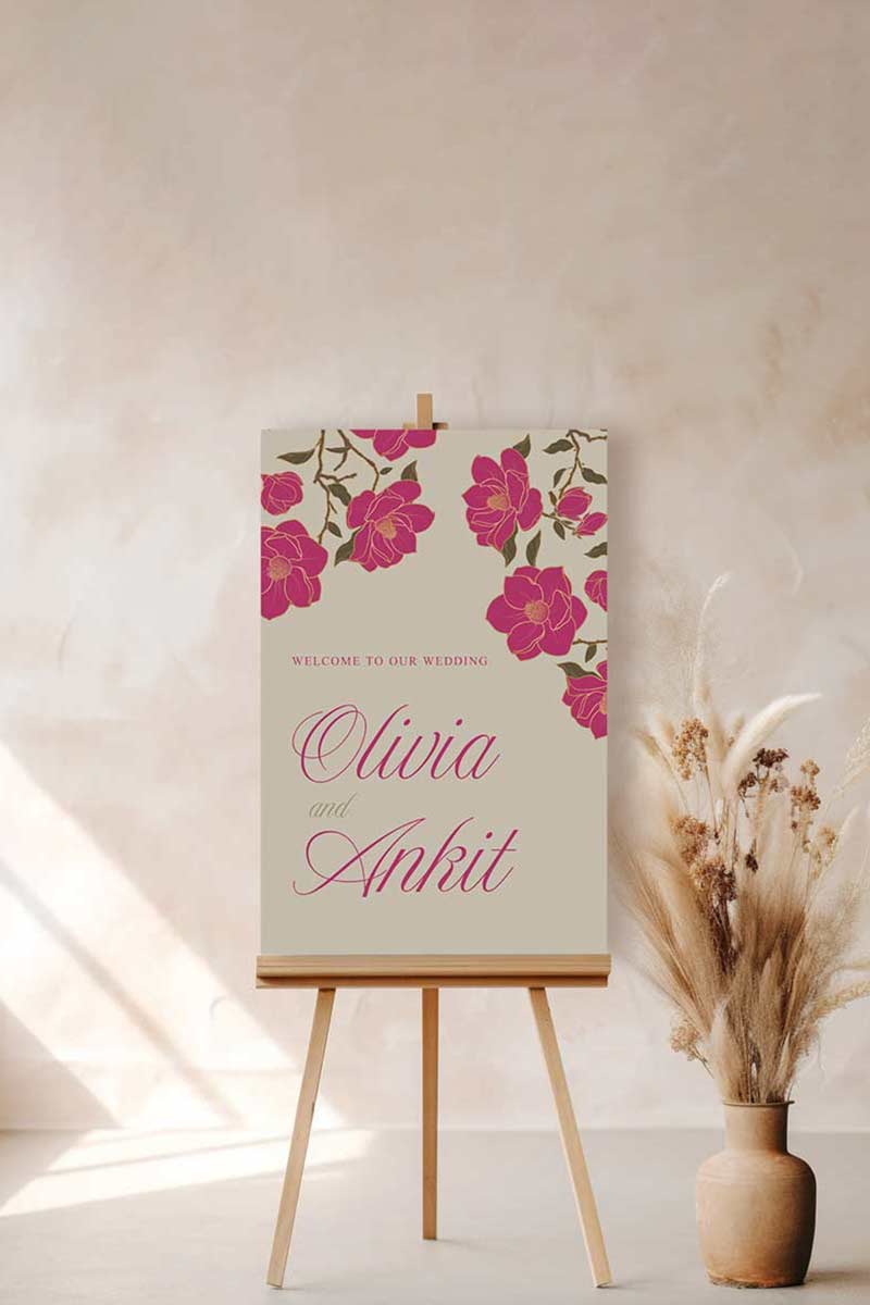 Hot Pink & Gold Floral Welcome Sign with a beige background. Wedding Signage. Engagement signage, Bridal Shower signage. Baby Shower Signage. Personalize and customize in Canva. Digital Download. Print anywhere in the World at a local printer