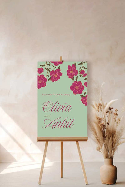 Hot Pink & Gold Floral Welcome Sign with a light green background. Wedding Signage. Engagement signage, Bridal Shower signage. Baby Shower Signage. Personalize and customize in Canva. Digital Download. Print anywhere in the World at a local printer