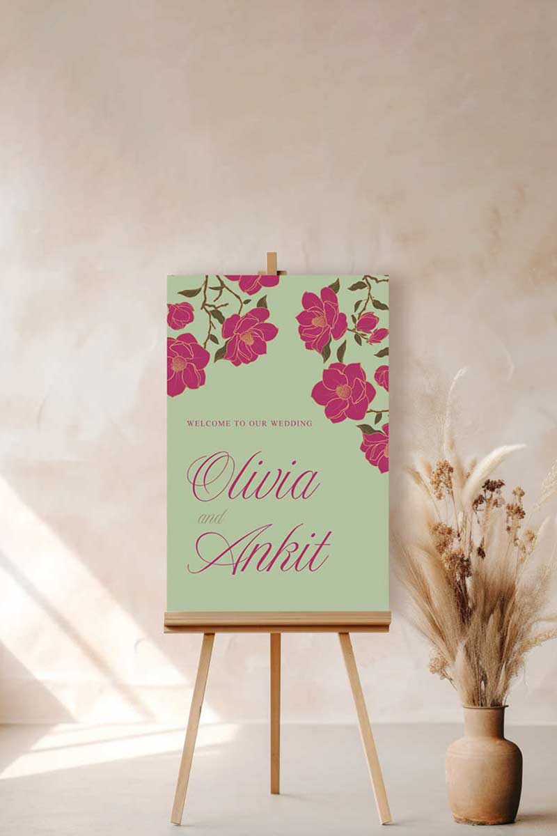 Hot Pink & Gold Floral Welcome Sign with a light green background. Wedding Signage. Engagement signage, Bridal Shower signage. Baby Shower Signage. Personalize and customize in Canva. Digital Download. Print anywhere in the World at a local printer