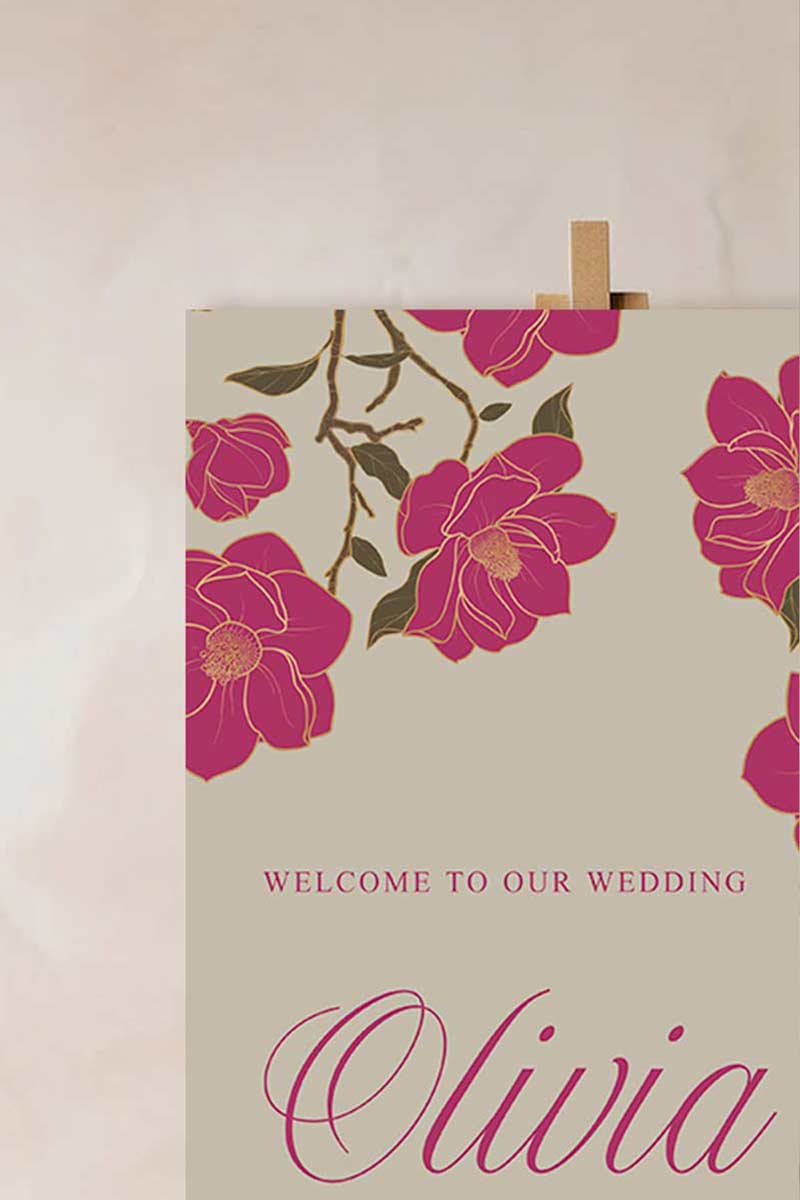 Hot Pink & Gold Floral Welcome Sign with a beige background. Wedding Signage. Engagement signage, Bridal Shower signage. Baby Shower Signage. Personalize and customize in Canva. Digital Download. Print anywhere in the World at a local printer