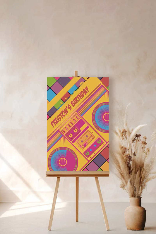 90s retro boombox Welcome Sign. Bold, Multi-coloured Signage. Birthday Signage. Celebration signage. Baby Shower Signage. Personalize and customize in Canva. Digital Download. Print anywhere in the World at a local printer