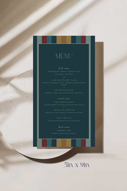 Modern Wedding Menu with stripes in the shades of blue, red, yellow & gold. Sabyasachi. Indian Wedding Events like engagement, reception, jago, sangeet, mehndi & maiyan. Personalize and customize in Canva. Print at any local printer around the World.