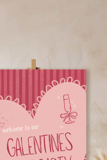 Red Heart Welcome Sign. Celebrations events for Galentines, Valentines, Girls Night, Stag or Bridal Shower. Striped Signage. Pretty in Pink. Personalize and customize in Canva. Digital Download.  Print around the world at a local print shop.