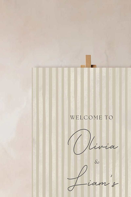 Soft stripped welcome sign for event celebrations. Soft beige. Signage for various celebrations. Weddings, Engagement, Baby Shower, Birthdays. Personalize and customize in Canva. Print at any local printer around the World