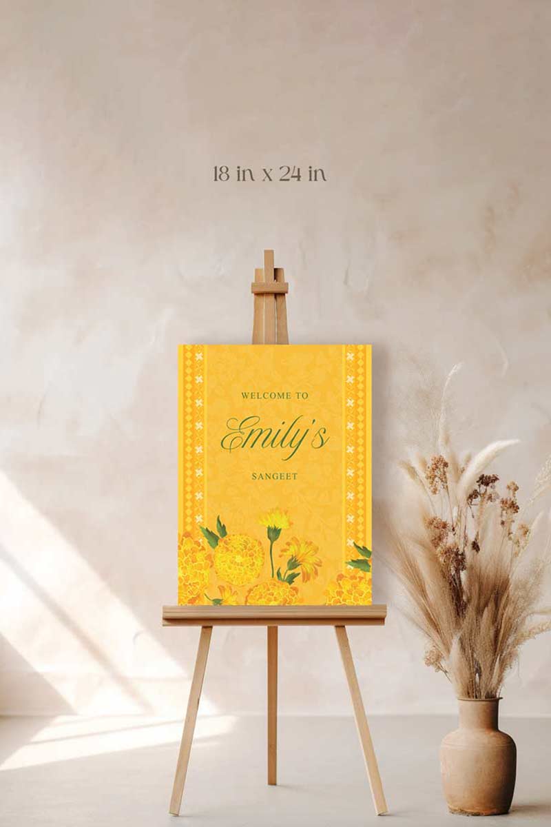 Wedding Welcome Sign with marigold florals in the shades of yellow, orange & green phulkari. Indian Wedding Events like jago, sangeet, mehndi, haldi, chunni & maiyan. Personalize and customize in Canva. Print at any local printer around the World.