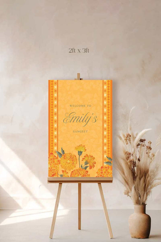 Wedding Welcome Sign with marigold florals in the shades of yellow, orange & green phulkari. Indian Wedding Events like jago, sangeet, mehndi, haldi, chunni & maiyan. Personalize and customize in Canva. Print at any local printer around the World.