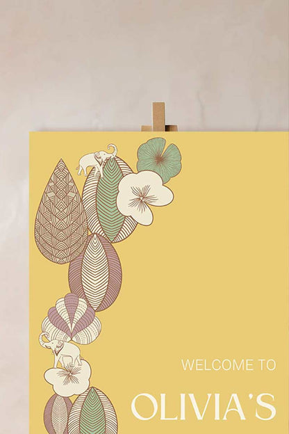 Soft floral & elephant welcome sign for event celebrations. Soft yellow. Signage for various celebrations. Weddings, Gender Reveal, Baby Shower, Birthdays. Personalize and customize in Canva. Print at any local printer around the World