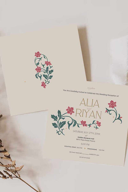 Floral Wedding Invitation Set in the shades of pink, green, and beige. With orange marigold floral. Arched Design. Indian Wedding Invitation Set. Personalize and customize in Canva. Print at any local printer around the World. Florals & Birds