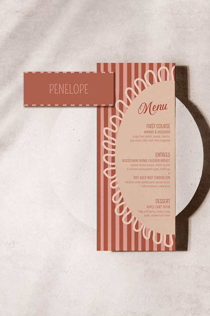 Striped name place card. Bridal shower dinner card. red & beige. Celebration events for, birthday, baby shower or weddings. Wedding & event stationery. Personalize & customize in Canva. Digital Download. Print around the world at a local print shop