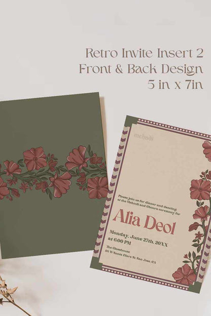 Retro Wedding Invitation Set in the shades of mehndi green, purple, wine purple, and beige. With pink marigold floral.Indian Wedding Invitation Set. Personalize and customize in Canva. Print at any local printer around the World. Florals & Birds
