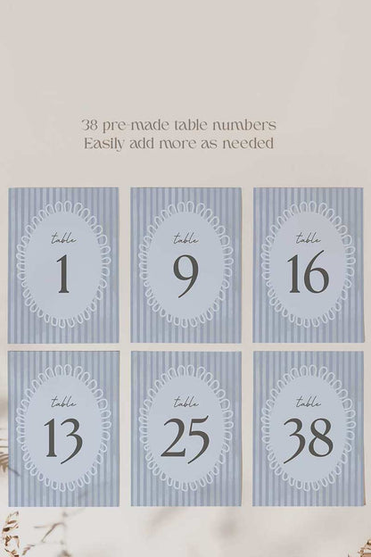 Striped table numbers. Bridal shower table numbers. blue, light blue. Wedding table decor. Corporate event table number. Guest seating. Find your table. Celebration events for engagement, birthday, baby shower or weddings. Wedding & event stationery. Personalize & customize in Canva. Digital Download. Print around the world at a local print shop