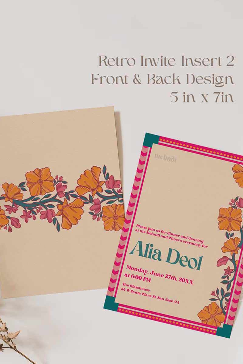 Retro Wedding Invitation Set in the shades of teal, orange, yellow, hot pink, beige and baby pink. With orange marigold floral. Jaipur block print artwork. It has line drawn florals and birds. Sized at 5 inches x 7 inches with front and back design options. Indian Wedding Invitation Set. Personalize and customize in Canva. Print at any local printer around the World. Florals & Birds