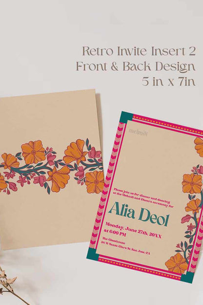 Retro Wedding Invitation Set in the shades of teal, orange, yellow, hot pink, beige and baby pink. With orange marigold floral. Jaipur block print artwork. It has line drawn florals and birds. Sized at 5 inches x 7 inches with front and back design options. Indian Wedding Invitation Set. Personalize and customize in Canva. Print at any local printer around the World. Florals & Birds
