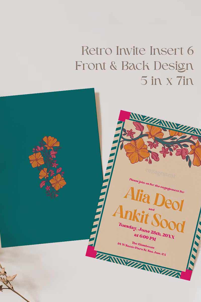 Retro Wedding Invitation Set in the shades of teal, orange, yellow, hot pink, beige and baby pink. With orange marigold floral. Jaipur block print artwork. It has line drawn florals and birds. Sized at 5 inches x 7 inches with front and back design options. Indian Wedding Invitation Set. Personalize and customize in Canva. Print at any local printer around the World. Florals & Birds