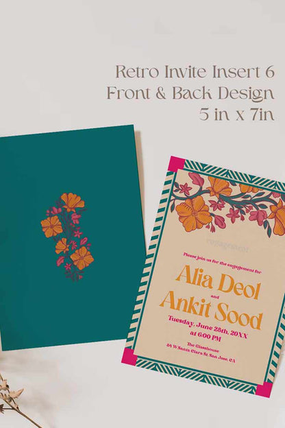 Retro Wedding Invitation Set in the shades of teal, orange, yellow, hot pink, beige and baby pink. With orange marigold floral. Jaipur block print artwork. It has line drawn florals and birds. Sized at 5 inches x 7 inches with front and back design options. Indian Wedding Invitation Set. Personalize and customize in Canva. Print at any local printer around the World. Florals & Birds