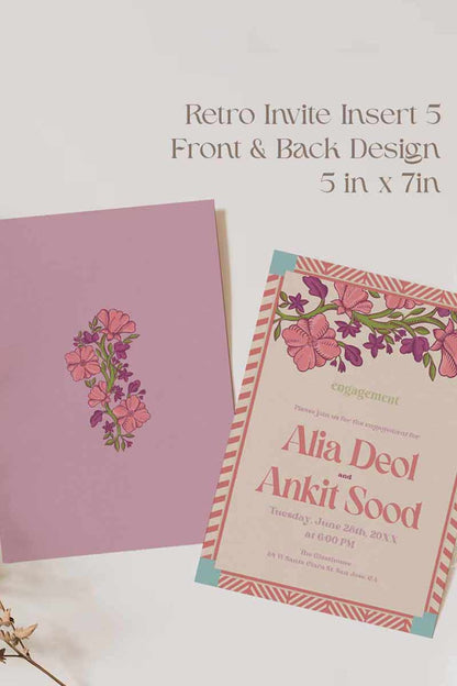 Retro Wedding Invitation Set in the shades of blue, green, light pink, hot pink, beige and green and pastel colours. With orange marigold floral. Jaipur block print artwork. It has line drawn florals and birds. Sized at 5 inches x 7 inches with front and back design options. Indian Wedding Invitation Set. Personalize and customize in Canva. Print at any local printer around the World. Florals & Birds