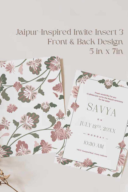 Jaipur-inspired Wedding Invitation Set in the shades of maroon, pink, mehndi green, and white. With maroon & pink florals & Indian elephants. Jaipur block print artwork. It is inspired by Jaipuri style design and art. Sized at 5" x 7" with front and back design options. Indian Wedding Invitation Set. Personalize and customize in Canva. Print at any local printer around the World. Florals & Birds