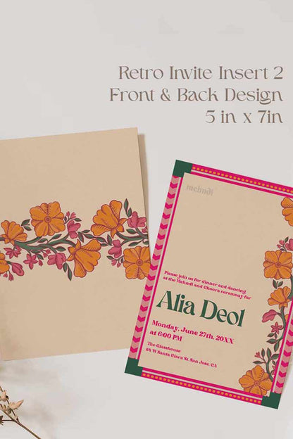 Retro Wedding Invitation Set in the shades of forest green, orange, yellow, hot pink, beige and baby pink. With orange marigold floral. Jaipur block print artwork. It has line drawn florals and birds. Sized at 5 inches x 7 inches with front and back design options. Indian Wedding Invitation Set. Personalize and customize in Canva. Print at any local printer around the World. Florals & Birds