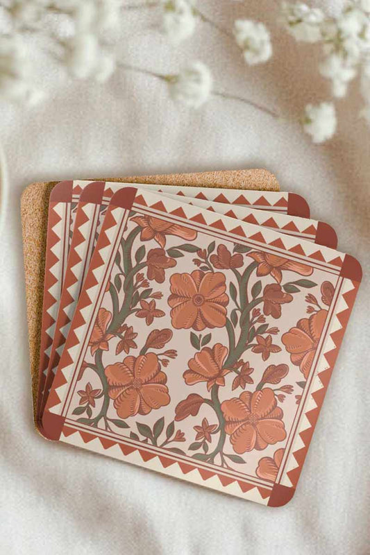 Vintage Retro Coaster set of 4, Motif Flowers in the colours orange, rust orange, green and beige, Business Logo Designs, Don't Take My Drink Wedding Designs, Engagement Announcements, Save the Dates, Party Favors, Baby Shower Decor, Home Decor Coster, Table Decor, Birthday Decorations, Monogrammed Decor. Square coasters.