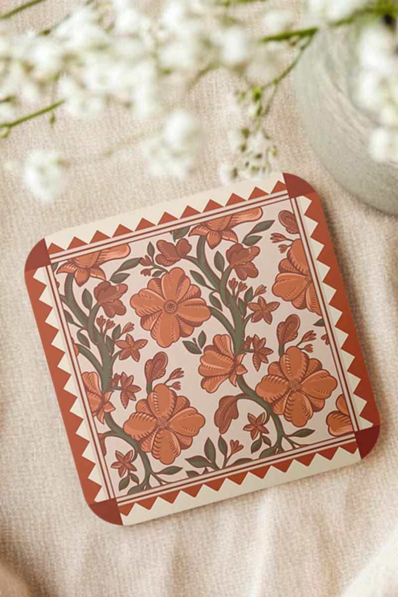 Vintage Retro Coaster set of 4, Motif Flowers in the colours orange, rust orange, green and beige, Business Logo Designs, Don't Take My Drink Wedding Designs, Engagement Announcements, Save the Dates, Party Favors, Baby Shower Decor, Home Decor Coster, Table Decor, Birthday Decorations, Monogrammed Decor. Square coasters.