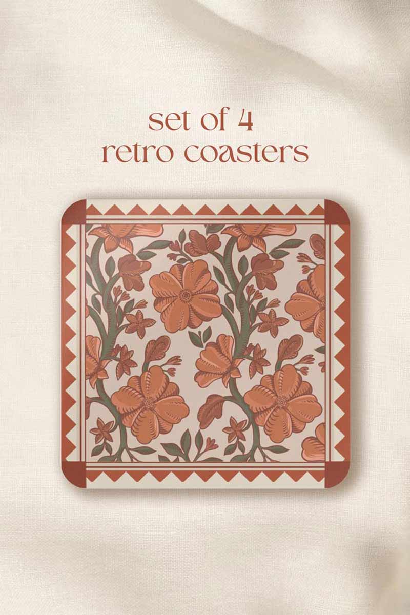 Vintage Retro Coaster set of 4, Motif Flowers in the colours orange, rust orange, green and beige, Business Logo Designs, Don't Take My Drink Wedding Designs, Engagement Announcements, Save the Dates, Party Favors, Baby Shower Decor, Home Decor Coster, Table Decor, Birthday Decorations, Monogrammed Decor. Square coasters.