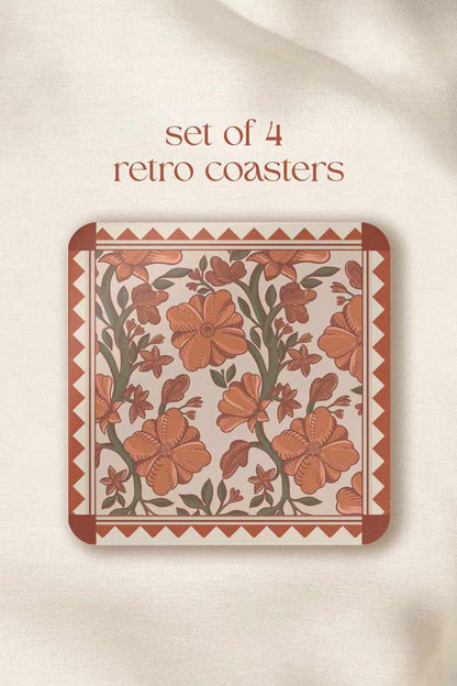 Vintage Retro Coaster set of 4, Motif Flowers in the colours orange, rust orange, green and beige, Business Logo Designs, Don't Take My Drink Wedding Designs, Engagement Announcements, Save the Dates, Party Favors, Baby Shower Decor, Home Decor Coster, Table Decor, Birthday Decorations, Monogrammed Decor. Square coasters.