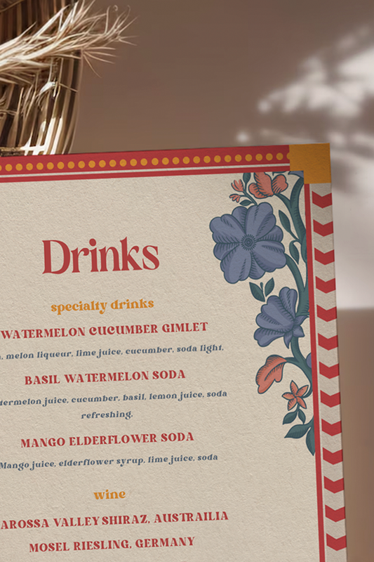 Retro Wedding Bar Menu with terracotta & rust marigold florals. Indian Wedding events for Sangeet, Haldi, Maiyan or Jago. Wedding Signage. Wedding signature drink editable menu. Canva template. The bar or drinks sign. Drink menu. 8" x 10" menu design. Personalize and customize in Canva. Digital Download.  Print around the world at a local print shop.