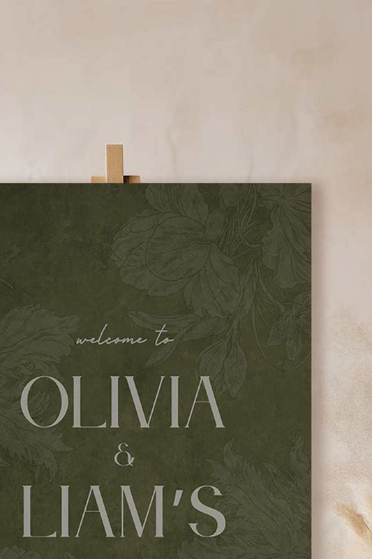 Wedding welcome sign in a minimalistic style. Event signage. In a navy blue texture wash. Stationery for various event celebrations. Wedding, engagement stationery. Personalize and customize in Canva. Print at any local printer around the World. Olive green, sage green, mehndi green. Textured florals