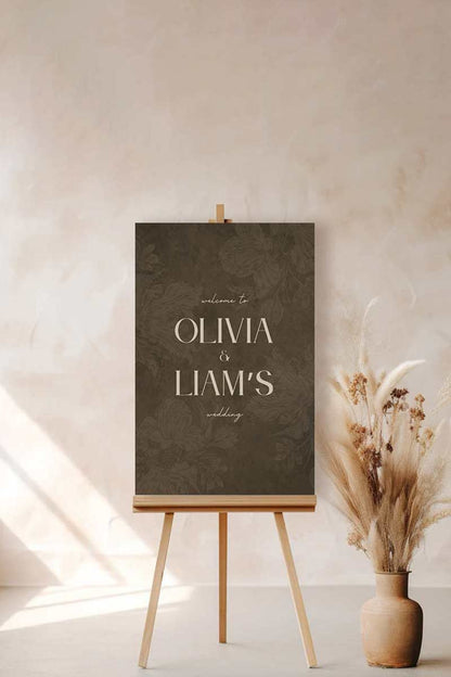 Wedding welcome sign in a minimalistic style. Event signage. In a navy blue texture wash. Stationery for various event celebrations. Wedding, engagement stationery. Personalize and customize in Canva. Print at any local printer around the World. Brown, Tan, stone colour. Velvet texture