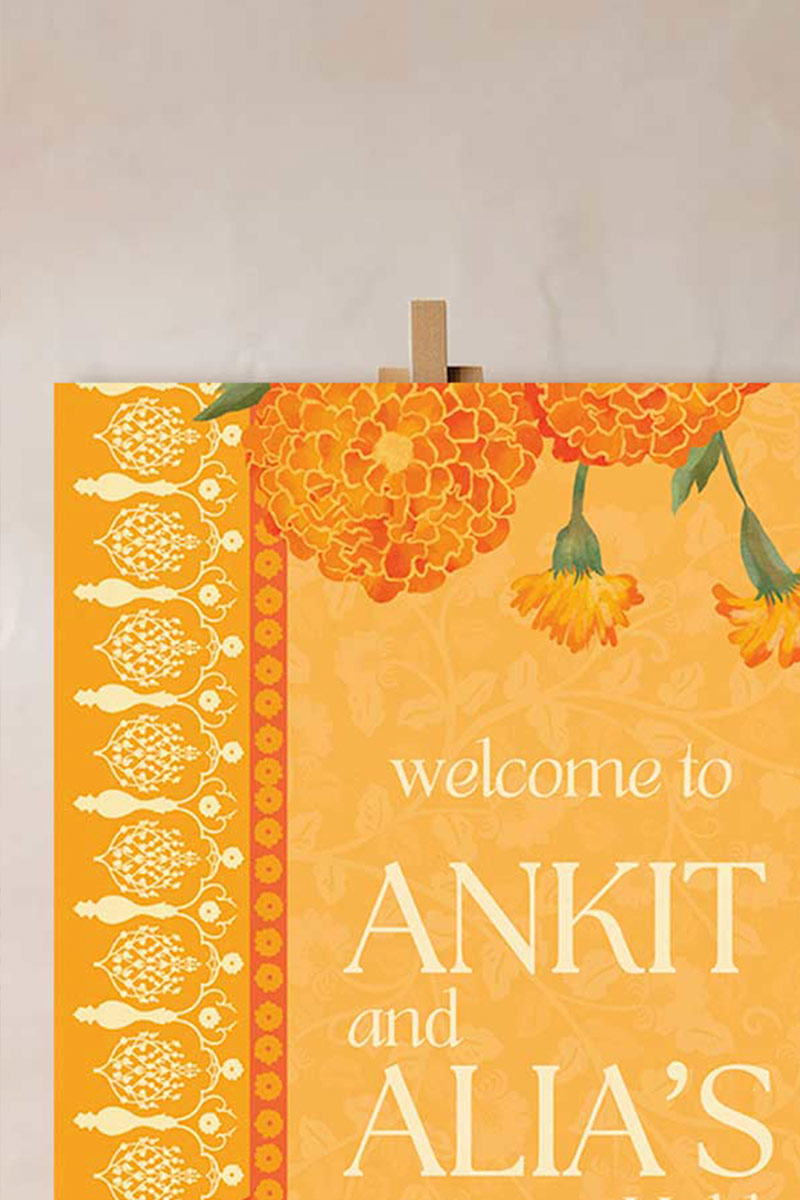 Floral Wedding Welcome Sign. Event Welcome Sign. Shades of Orange, yellow and beige. Orange magnolia florals. Baby Shower. Indian Wedding. Birthday and Celebration. Engagement Stationery. Wedding Stationery. DIY Stationery. Digital Download. Canva. Indian Weddings. Reception. Personalize. Customize. Anand Karaj, Mehndi, Sangeet, Haldi