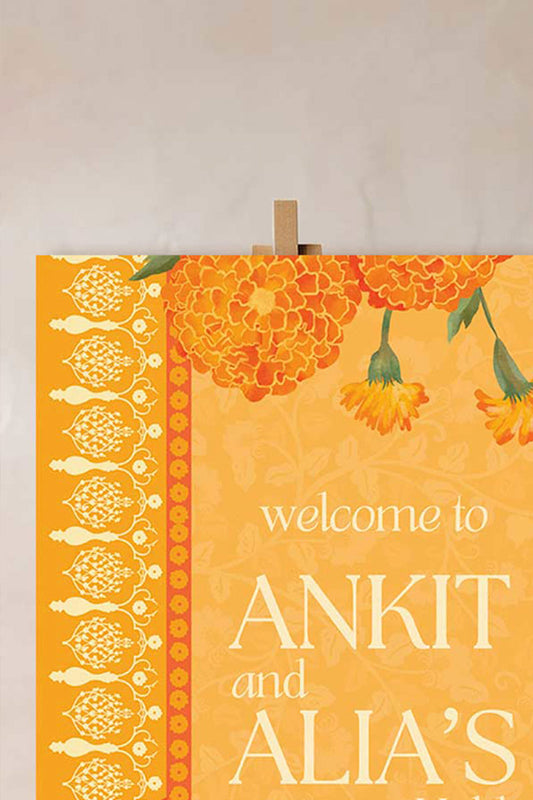 Floral Wedding Welcome Sign. Event Welcome Sign. Shades of Orange, yellow and beige. Orange magnolia florals. Baby Shower. Indian Wedding. Birthday and Celebration. Engagement Stationery. Wedding Stationery. DIY Stationery. Digital Download. Canva. Indian Weddings. Reception. Personalize. Customize. Anand Karaj, Mehndi, Sangeet, Haldi