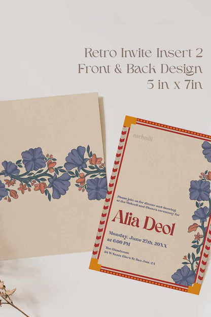 Retro Wedding Invitation Set. Event invite set. Shades of blue, red and orange. Baby Shower. Birthday and Celebration. Engagement Stationery. Wedding Stationery. DIY Stationery. Digital Download. Canva. Indian Weddings. Reception. Personalize. Customize. Anand Karaj, Mehndi, Sangeet, Haldi