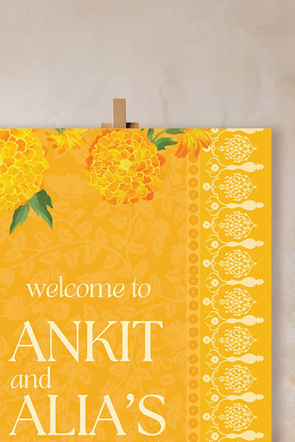 Floral Wedding Welcome Sign. Event Welcome Sign. Shades of yellow. Baby Shower. Yellow magnolia florals. Indian Wedding. Birthday and Celebration. Engagement Stationery. Wedding Stationery. DIY Stationery. Digital Download. Canva. Indian Weddings. Reception. Personalize. Customize. Anand Karaj, Mehndi, Sangeet, Haldi