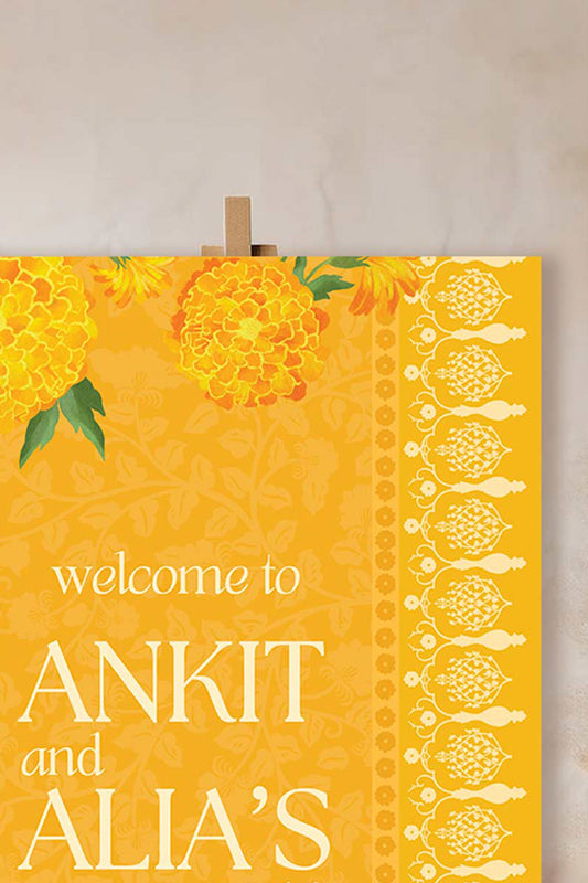 Floral Wedding Welcome Sign. Event Welcome Sign. Shades of yellow. Baby Shower. Yellow magnolia florals. Indian Wedding. Birthday and Celebration. Engagement Stationery. Wedding Stationery. DIY Stationery. Digital Download. Canva. Indian Weddings. Reception. Personalize. Customize. Anand Karaj, Mehndi, Sangeet, Haldi