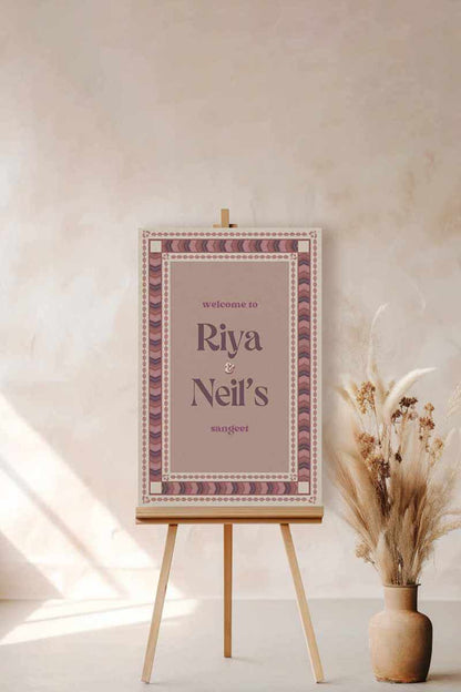 Retro Wedding Welcome Sign. Event Welcome Sign. Shades of purple, mauve and beige. Chevron Pattern. Baby Shower. Birthday and Celebration. Engagement Stationery. Wedding Stationery. DIY Stationery. Digital Download. Canva. Indian Weddings. Reception. Personalize. Customize. Anand Karaj, Mehndi, Sangeet, Haldi