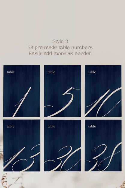 Elegant Wedding Table Numbers. Event Table Numbers. Navy blue texture. Cursive font. Baby Shower. Birthday and Celebration. Engagement Stationery. Wedding Stationery. DIY Stationery. Digital Download. Canva. Indian Weddings. Reception. Personalize. Customize.