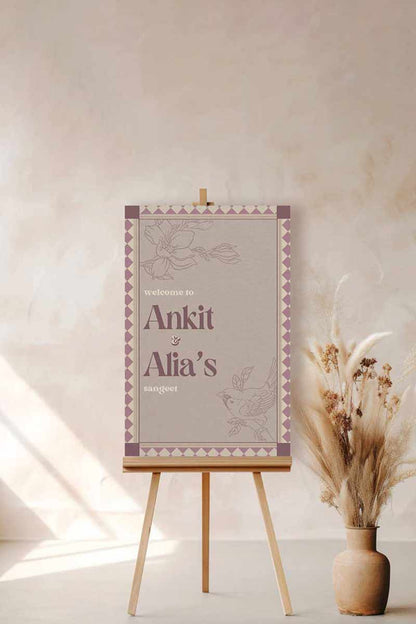 Wedding Invitations. Retro Welcome Sign. Indian Wedding Invites. Event Welcome Sign. Wine Purple, and beige colours. Purple florals and bird. Birthday and Celebration. Wedding Ceremony. Engagement Sign. Wedding Stationery. DIY Stationery. Digital Download. Canva. Indian Weddings. Anand Karaj. Sangeet. Chunni. Mehndi, Haldi. Personalize. Customize.