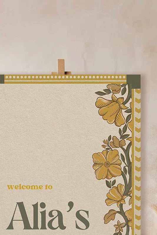 Wedding Invitations. Retro Welcome Sign. Indian Wedding Invites. Event Welcome Sign. Mehndi Green, Yellow and beige colours. Yellow florals. Birthday and Celebration. Wedding Ceremony. Engagement Sign. Wedding Stationery. DIY Stationery. Digital Download. Canva. Indian Weddings. Anand Karaj. Sangeet. Chunni. Mehndi, Haldi. Personalize. Customize.