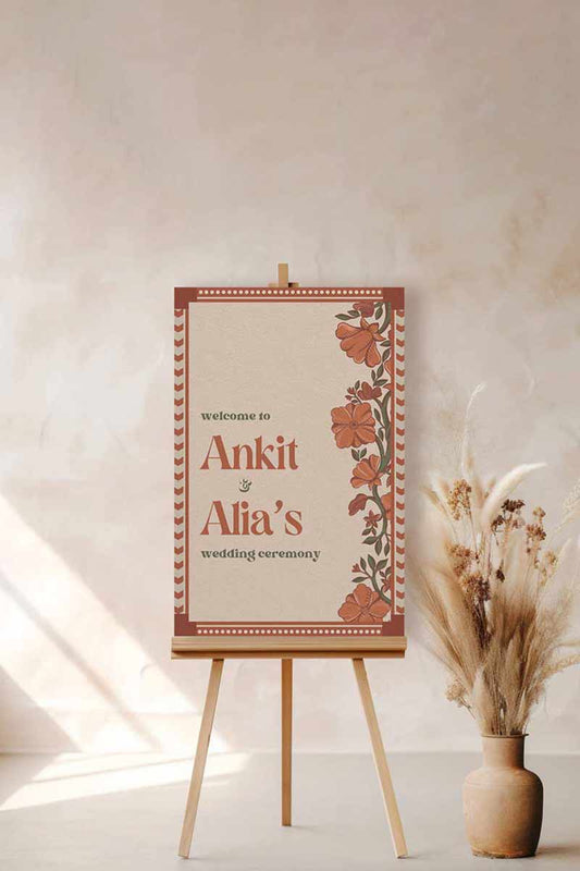 Wedding Invitations. Retro Welcome Sign. Indian Wedding Invites. Event Welcome Sign. Burnt Orange and beige colours. Orange florals. Birthday and Celebration. Wedding Ceremony. Engagement Sign. Wedding Stationery. DIY Stationery. Digital Download. Canva. Indian Weddings. Anand Karaj. Sangeet. Chunni. Mehndi, Haldi. Personalize. Customize.