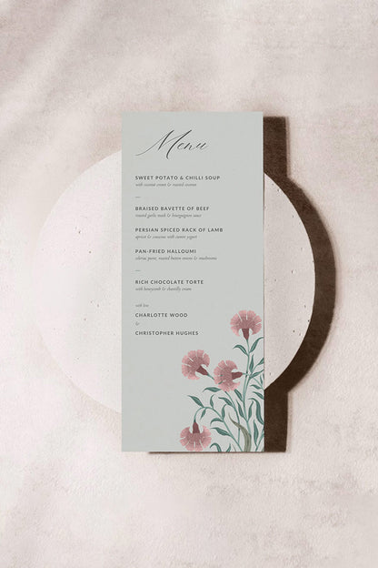 Floral Wedding Menu. Event Food Menu. Shades of Sage Green, pink. Minimalistic Design. Motif florals design. Baby Shower. Indian Wedding. Birthday and Celebration. Engagement Stationery. Wedding Stationery. DIY Stationery. Digital Download. Canva. Indian Weddings. Reception. Personalize. Customize. Anand Karaj, Mehndi, Sangeet, Haldi