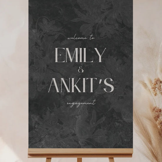 Wedding welcome sign in a minimalistic style. Event signage. In a navy blue texture wash. Stationery for various event celebrations. Wedding, engagement stationery. Personalize and customize in Canva. Print at any local printer around the World. Black, white, shades of grey marble stone texture. Textured florals. Black Marble Texture