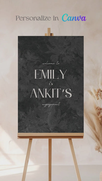 Wedding welcome sign in a minimalistic style. Event signage. In a navy blue texture wash. Stationery for various event celebrations. Wedding, engagement stationery. Personalize and customize in Canva. Print at any local printer around the World. Black, white, shades of grey marble stone texture. Textured florals. Black Marble Texture