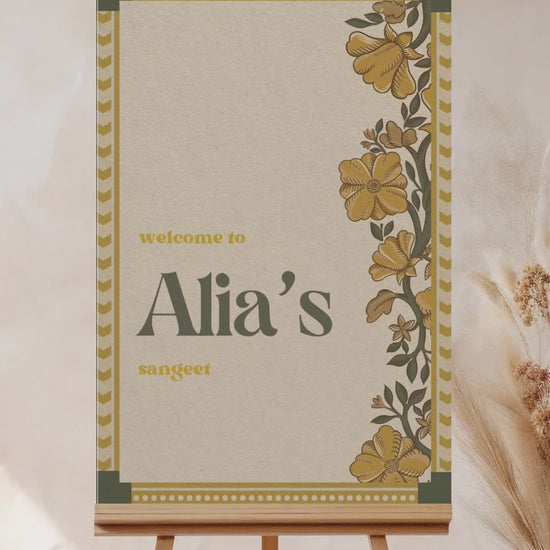 Wedding Invitations. Retro Welcome Sign. Indian Wedding Invites. Event Welcome Sign. Mehndi Green, Yellow and beige colours. Yellow florals. Birthday and Celebration. Wedding Ceremony. Engagement Sign. Wedding Stationery. DIY Stationery. Digital Download. Canva. Indian Weddings. Anand Karaj. Sangeet. Chunni. Mehndi, Haldi. Personalize. Customize.
