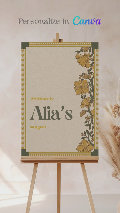 Wedding Invitations. Retro Welcome Sign. Indian Wedding Invites. Event Welcome Sign. Mehndi Green, Yellow and beige colours. Yellow florals. Birthday and Celebration. Wedding Ceremony. Engagement Sign. Wedding Stationery. DIY Stationery. Digital Download. Canva. Indian Weddings. Anand Karaj. Sangeet. Chunni. Mehndi, Haldi. Personalize. Customize.