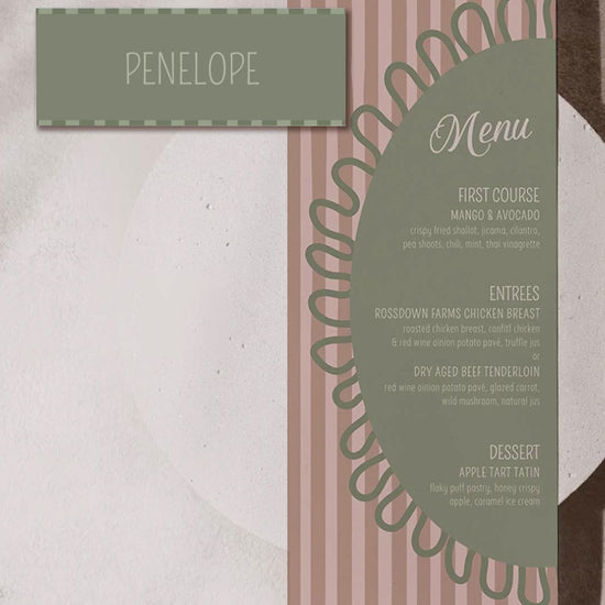 Striped name place card. Bridal shower dinner card. Green & beige. Celebration events for, birthday, baby shower or weddings. Wedding & event stationery. Personalize & customize in Canva. Digital Download. Print around the world at a local print shop